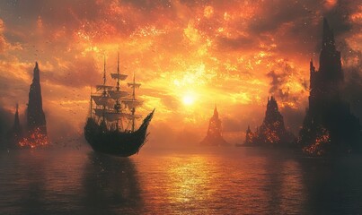 Obraz premium Silhouette of a Ship Sailing Through a Fiery Sunset Landscape