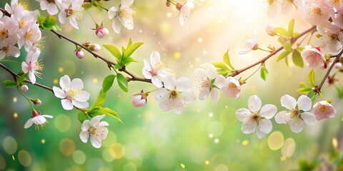 Fototapeta premium Delicate White Blossoms on a Spring Branch with Green Bokeh Background, Spring , Nature , Flower , Blossom