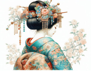 Fototapeta premium 日本画（Japanese painting）／美人画 美女 着物 anime イラスト 