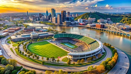 Stunning aerial view of a modern baseball stadium situated on the Ohio River banks, hosting sports and entertainment events amidst a vibrant cityscape.