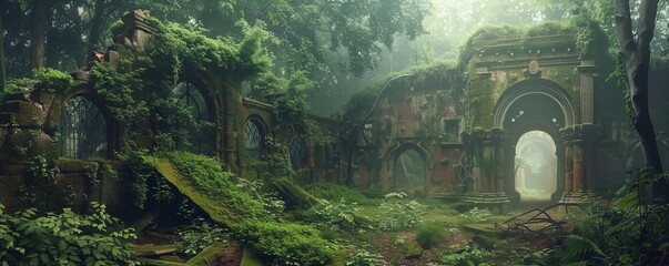 Overgrown forest ruins, 4K hyperrealistic photo