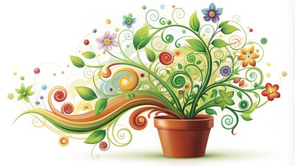 Stylized illustration of a blooming potted plant surrounded by swirling shapes and vines, blended with digital graphics and vibrant colors on a white background.