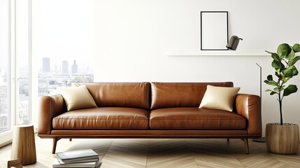 A modern living room with a sleek leather sofa, minimalist decor, and clean lines.
