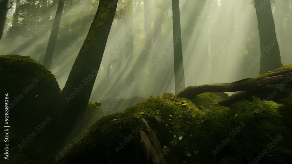 Poster sunlight filters through trees, creating a mysterious forest floor with moss and fallen leaves, addi