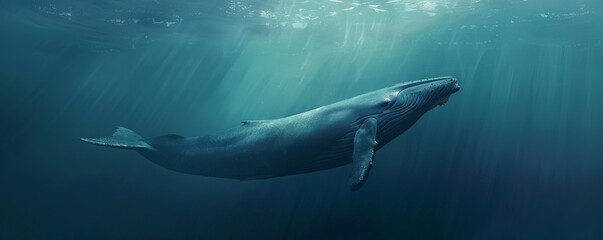 Fototapeta premium Majestic blue whale swimming languidly through the sea, 4K hyperrealistic photo