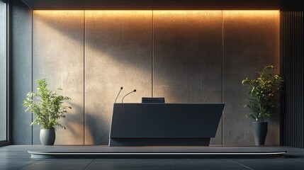 A modern podium with a simple, clean design and an integrated microphone setup, in a sleek conference room.