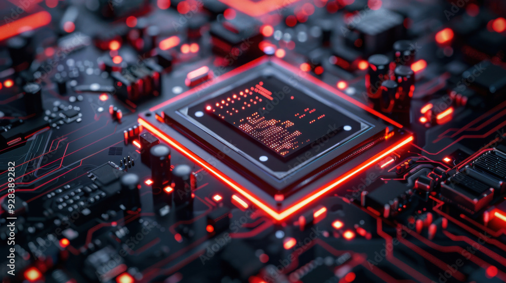 Poster high-tech ai microchip in an electronic setting with copy-space