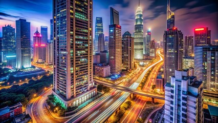 Fototapeta premium Tall skyscrapers and bustling streets converge in a vibrant metropolis, with neon lights and busy traffic lanes illuminating the dense urban landscape at night.