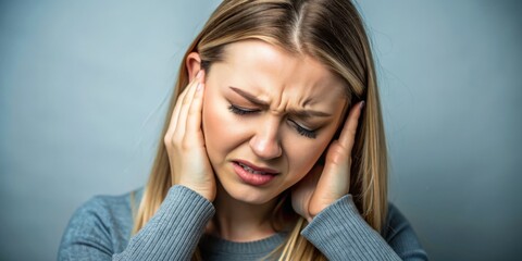 Troubled young woman clasps her ear in agony, suffering from tinnitus and earache caused by loud noise, depicting the painful struggle of hearing disorders.