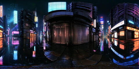 Full 360 degrees seamless spherical panorama HDRI equirectangular projection of A bustling city street. Texture environment map for lighting and reflection source rendering 3d scenes.	
