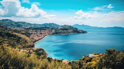 A panoramic sea view from a hilltop, overlooking blue waters and a coastal town.