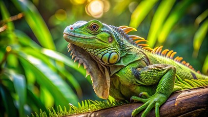 Obraz premium Vibrant green iguana perched on a branch, surrounded by lush foliage, with warm natural light, evoking a sense of tropical paradise and freedom.