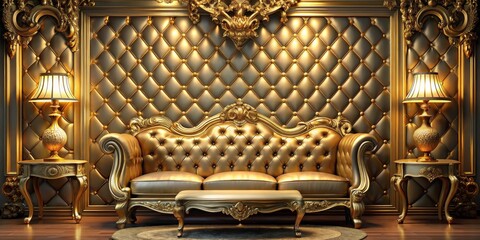 Golden Gilded Interior Design - A Luxurious Sofa and Ottoman with Ornate Details, golden , furniture , interior , luxury