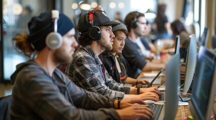 A tech startup team working on a coding sprint, focused and engaged