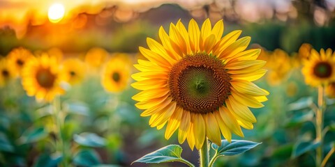 Golden Sunflower in a Field at Sunset, Sunflower , Field , Sunset , Nature