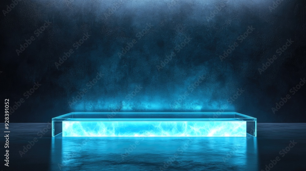 Poster a podium with a floating glass platform and illuminated base