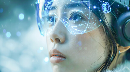 Woman experiencing virtual reality using futuristic digital hologram interface