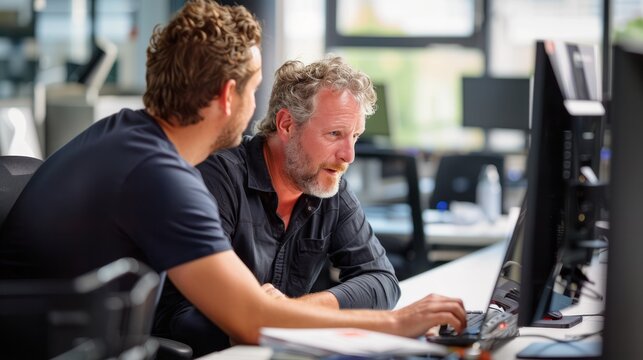 A tech startup team leader providing mentorship to a junior team member.