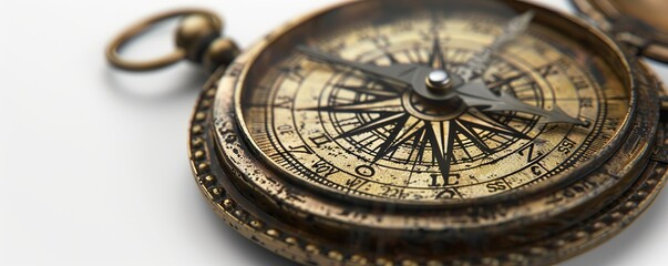 Obraz premium Antique compass with intricate details on white background, 4K hyperrealistic photo