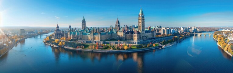 A city with a river running through it and a large building in the middle