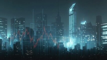 Fototapeta premium A rising stock market graph with a city skyline in the background, symbolizing economic growth.