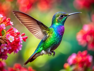 Naklejka premium Vibrant blossoms burst with color as a delicate hummingbird hovers effortlessly, its iridescent feathers shimmering in emerald, ruby, and sapphire hues, captivating the viewer.