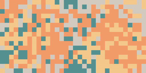 Abstract digital pattern with geometric shapes. Pixelated background with muted tones of orange, yellow, blue, and gray. Perfect for website design, social media, or print projects.