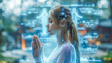 Young woman practicing yoga with virtual reality holographic interface
