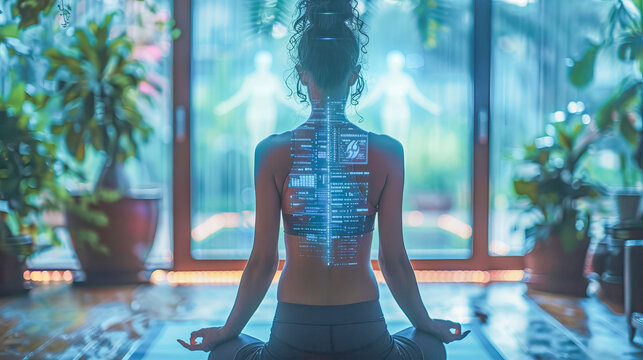 Young woman practicing yoga with holographic interface showing vital signs