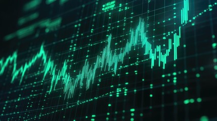 Fototapeta premium A rising stock market graph with green candlesticks and indicators on a dark grid background.
