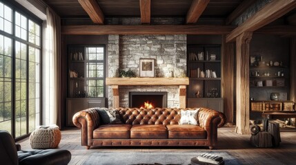 A rustic living room with a leather chesterfield sofa, wooden beams, and a stone fireplace.