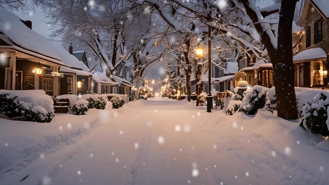 A quiet street in a small town, with homes decorated with Christmas lights and wreaths, under a blanket of fresh snow