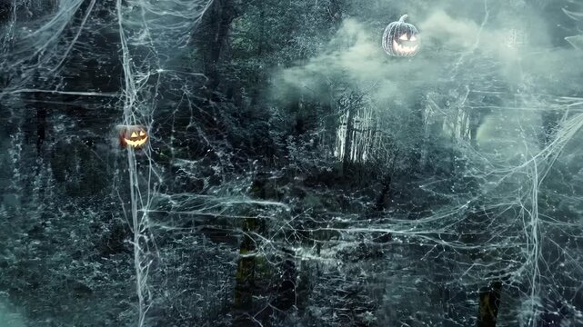 Misty forest with floating jack-o'-lanterns. Intricate cobweb patterns visible. Swirling fog and ethereal glowing wisps surround pumpkins, creating a haunting Halloween atmosphere.	