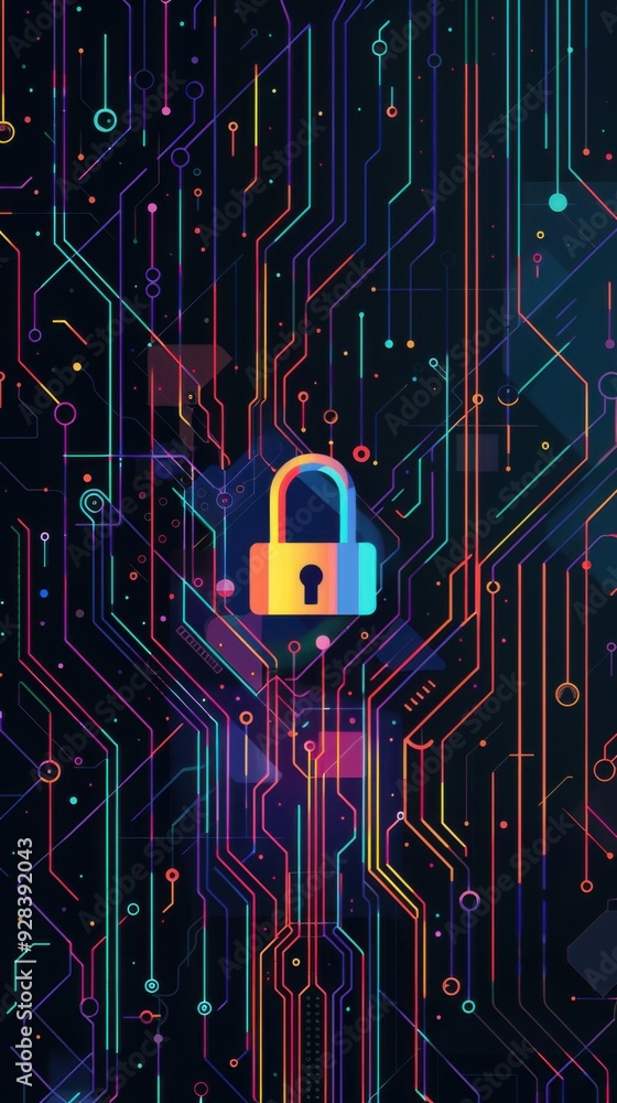 Poster padlock on circuit board with data flow