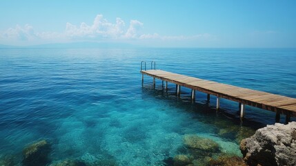 Fototapeta premium A sea view with blue waters and a jetty leading out into the ocean