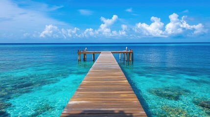 Fototapeta premium A sea view with blue waters and a jetty leading out into the ocean