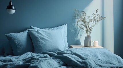 A serene bedroom with minimalist, solid-color bed sheets in a calming shade of blue, perfect for relaxation.