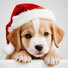 Portrait of  little puppy in a new year's red Santa Claus hat on light background in the Studio. Creative. The concept of Christmas and holidays.