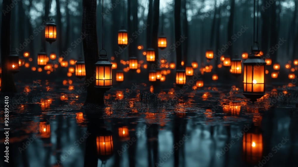 Poster Lanterns illuminating a misty forest at night, reflecting on the wet ground. The warm glow creates a serene, magical atmosphere amidst the trees.