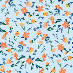 Cute feminine seamless watercolor pattern with little tiny wildflowers, hand drawn, not AI