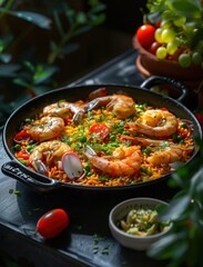 Traditional Mediterranean seafood paella in a rustic setting with direct sunlight