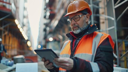 Obraz premium A foreman and engineering manager in safety vests and helmets, examining site plans on a tablet, surrounded by construction activity.