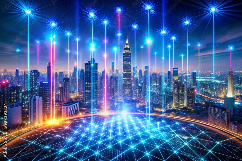 Aufkleber vibrant glowing 5g hologram with flowing binary code dominates the night cityscape, symbolizing ligh