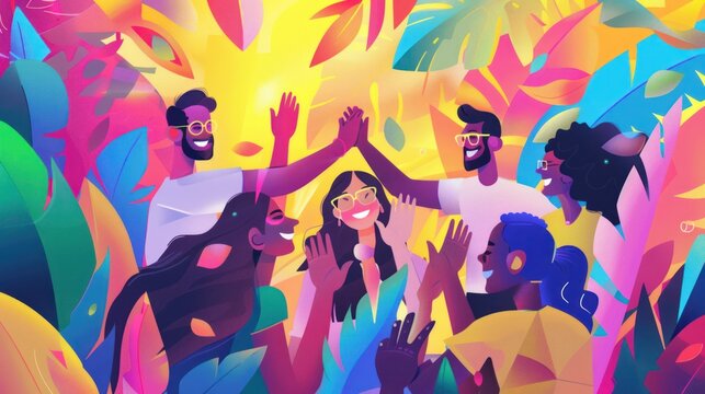 A diverse tech startup team celebrating a milestone with high-fives and smiles