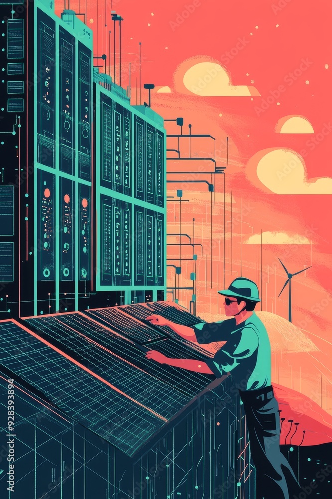 Poster engineer working on futuristic control panel with renewable energy setting