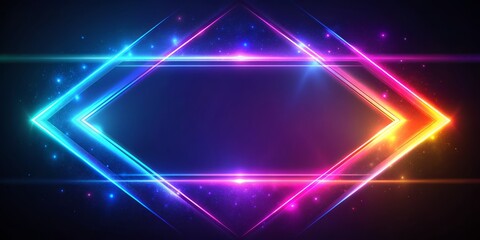 Fototapeta premium Vibrant neon parallelogram frame with radiant glow and shining effects on a dark, sleek background, perfect for futuristic, high-tech, or abstract visual representations.