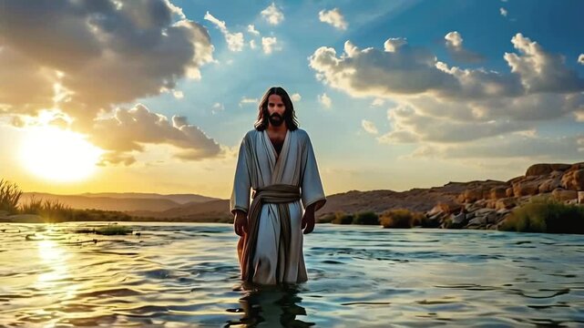 Baptism of Jesus Christ in the Jordan River depicting divine grace, and sacred ceremony 4k new stock video footage AI