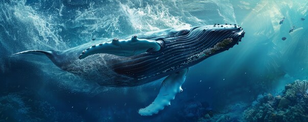 Fototapeta premium Majestic humpback whale breaching underwater, 4K hyperrealistic photo