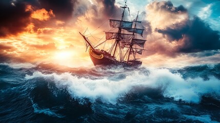 Sailboat Battling Stormy Seas at Sunset