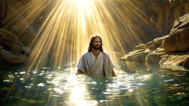 Baptism of Jesus Christ in the Jordan River depicting divine grace, and sacred ceremony 4k new stock video footage AI
